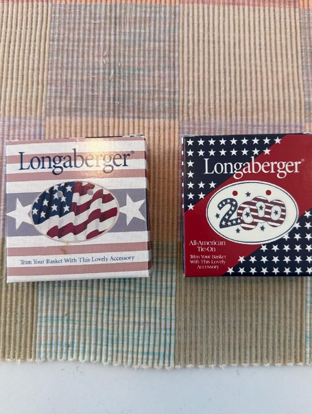 Longaberger Vintage Americana Ceramic Tie-On Set of 2 Flag 2000 Boxed Never Used